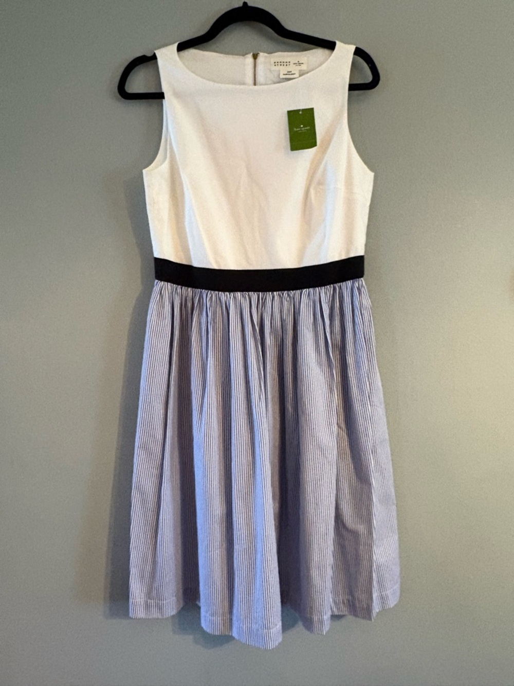 NWT Kate Spade Broome Street White Bodice Blue Pinstripe Skirt Sleeveless Dress
